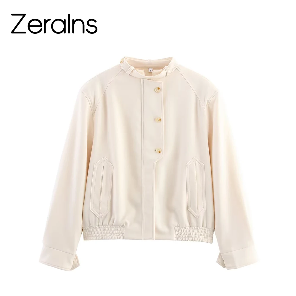 

ZERAINS Autumn new women's clothing retro loose casual temperament stand collar long sleeved button decoration jacket jacket