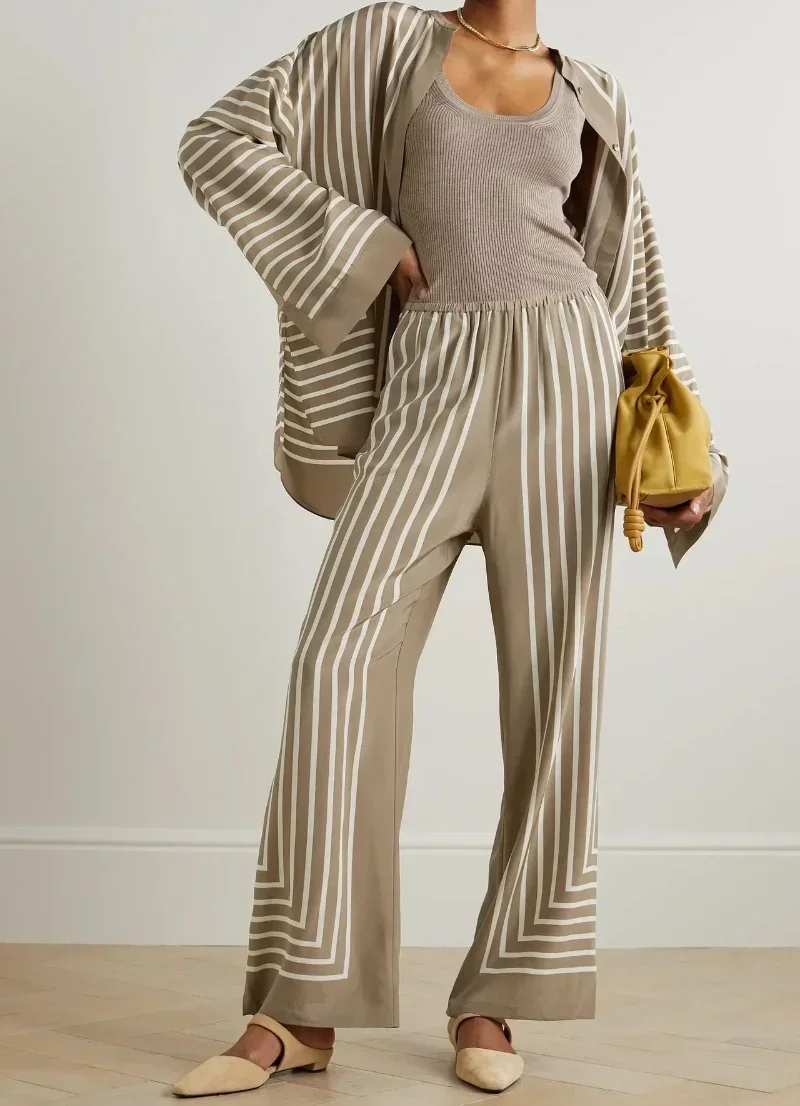 Fashion Casual Suit New Taupe Striped Silk Blouse Shirt Wide Leg Pants Sets Women