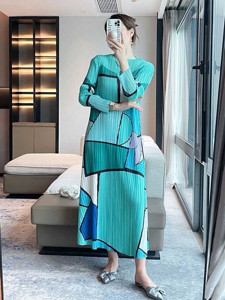 LANMREM Geometric Pattern Printed Long Dress with Sleeves Women O-neck Slim Fit Color Block Elegant Dresses 2024 Clothing 2Z1215