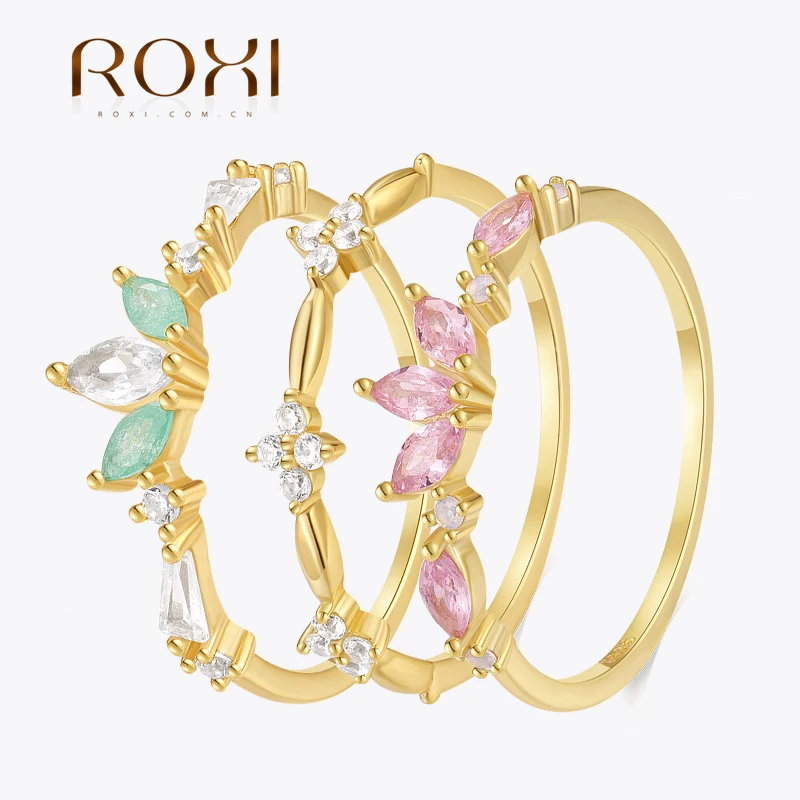 ROXI-Anillo de Plata de Ley 925 con forma de flor para hombre y mujer, sortija de cristal de 17,5mm, Color rosa/verde, corona, fiesta, boda, compromiso, regalo de joyería