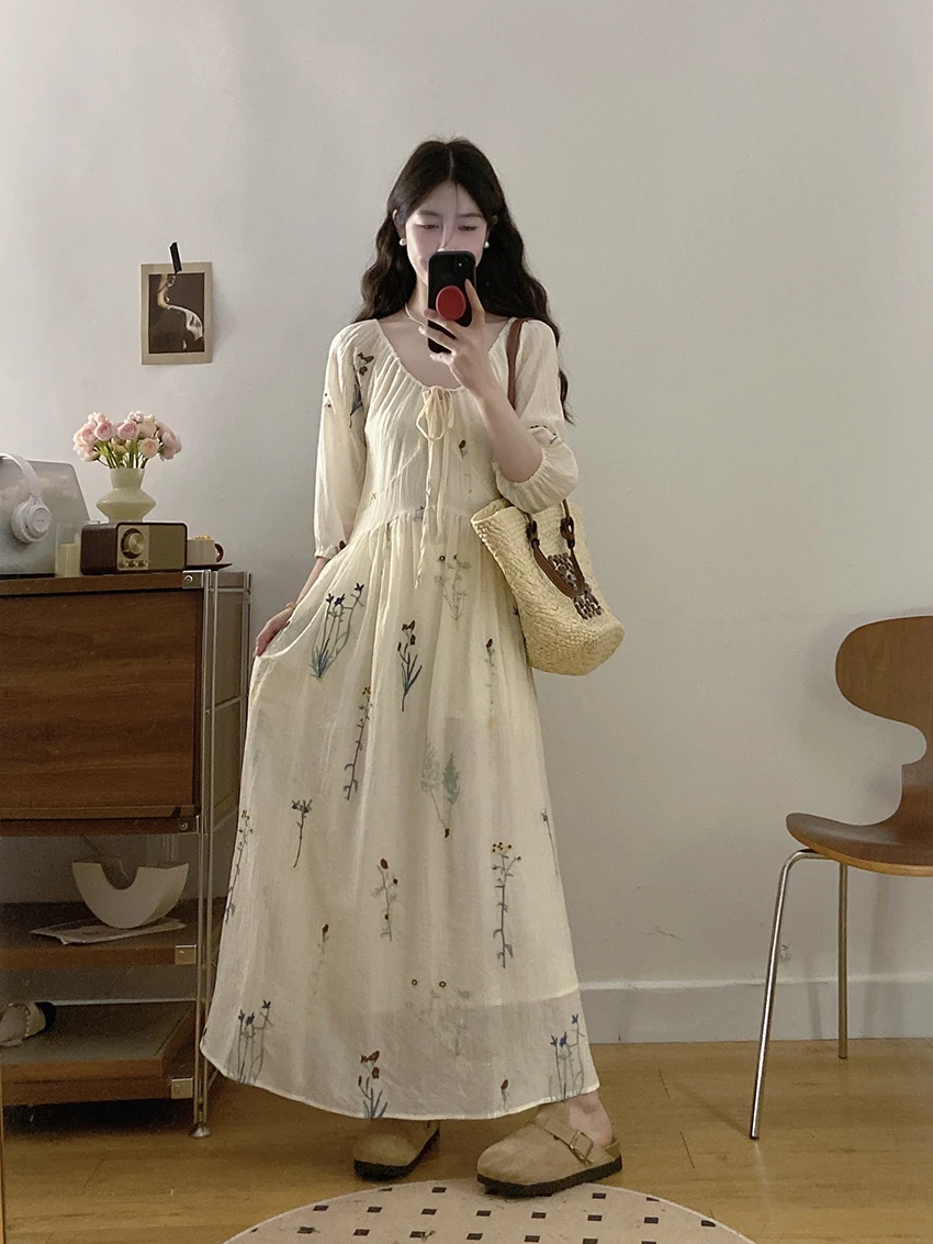 

plus Size Embroidered Short Sleeve Dress Summer New Waist Cinching Slimming Design Belted A-Line Long Dress Korean Style