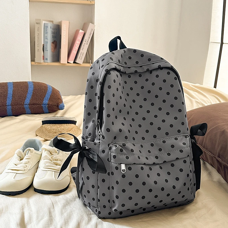 Korean Style Polka Dot Backpack Women Sweet Bow Decor School Bag Lightweight Canvas Rucksack Casual Travel Daypack
