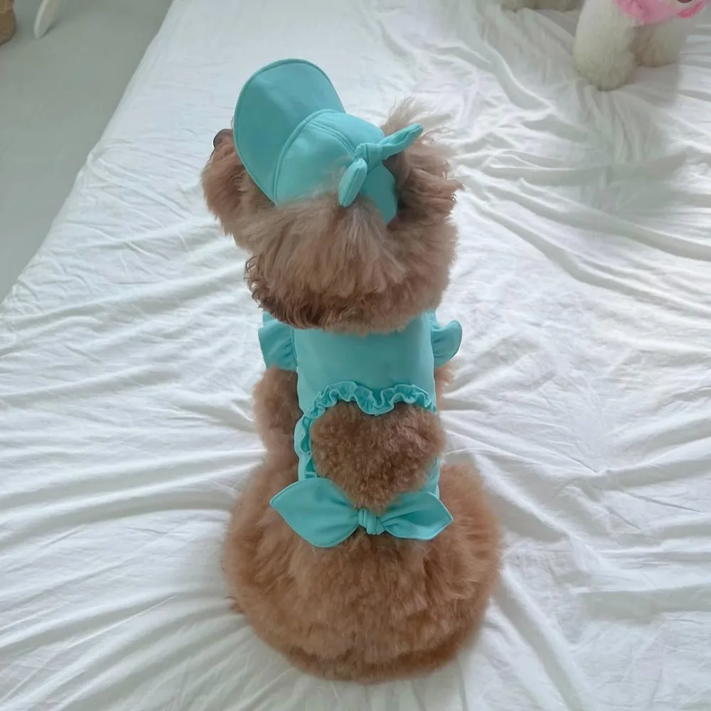 Pet Supplies Flying Sleeve Pet Love Hollow Tank Top Soft Breathable Cat Clothes Set with Hat Pet Sunshade Hat Autumn