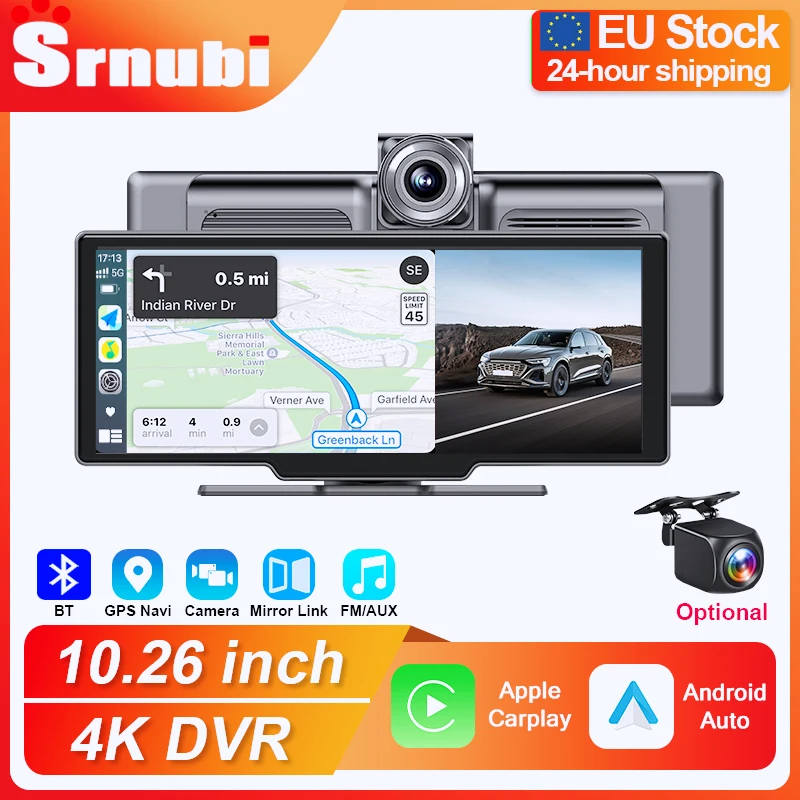 Dash Cam per auto DVR da 10,26 pollici 4K Dual Lens Wireless Carplay e Android Auto Videoregistratore Monitor Navigazione GPS 5G Wifi FM AUX