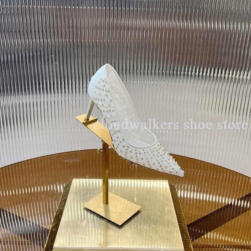 Summer Sparkling Pearl Gemstone String Bead Pointed Toe Pumps Lace Mesh Breathable Stiletto Pumps Luxury Wedding Banquet Shoes