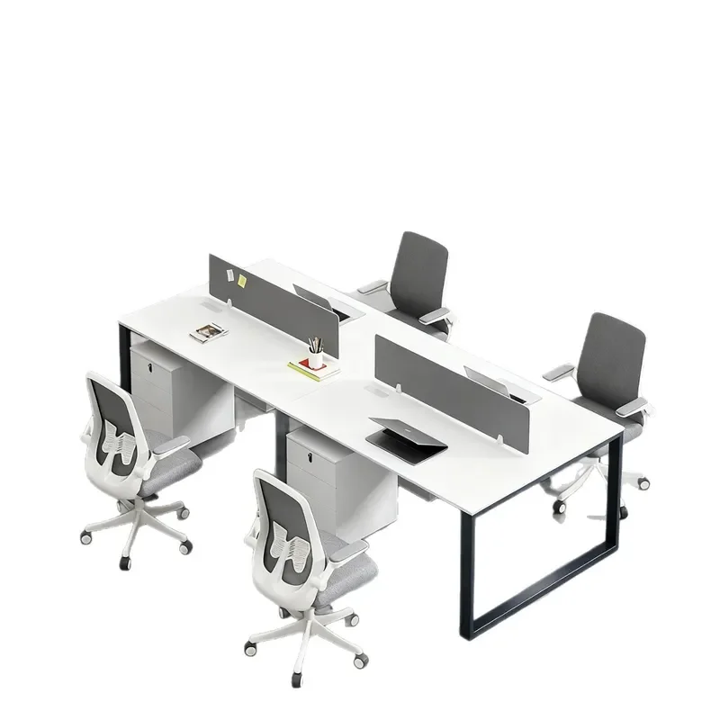 4 Seater Office Workstation Staff Desk With Screen Divider And Office Chair Simple Employee Computer Table