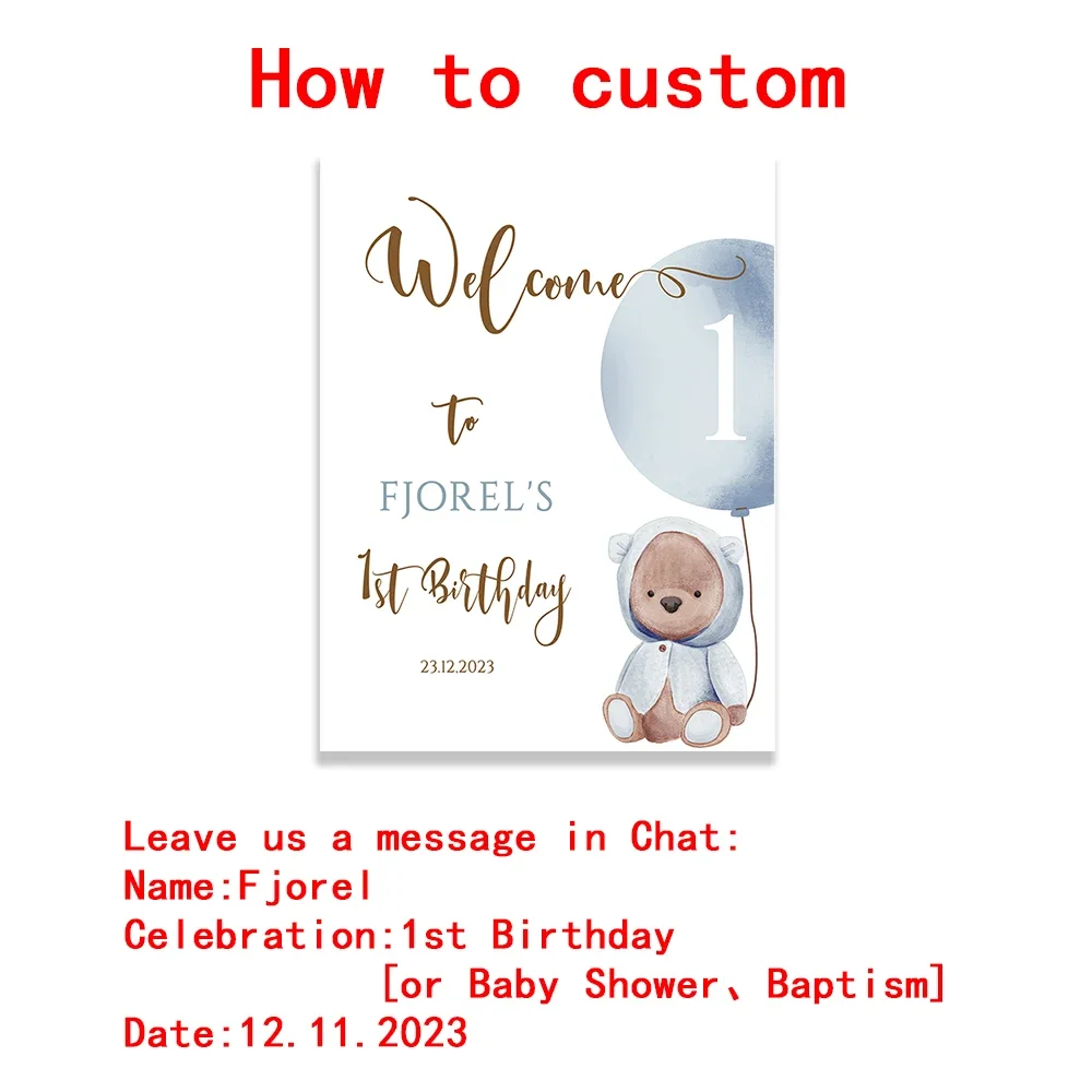 Bear Balloon Birthday Welcome Party Poster Baby Shower Custom Art Print Canvas Painting Baptism Wall Picture Personalise Decor