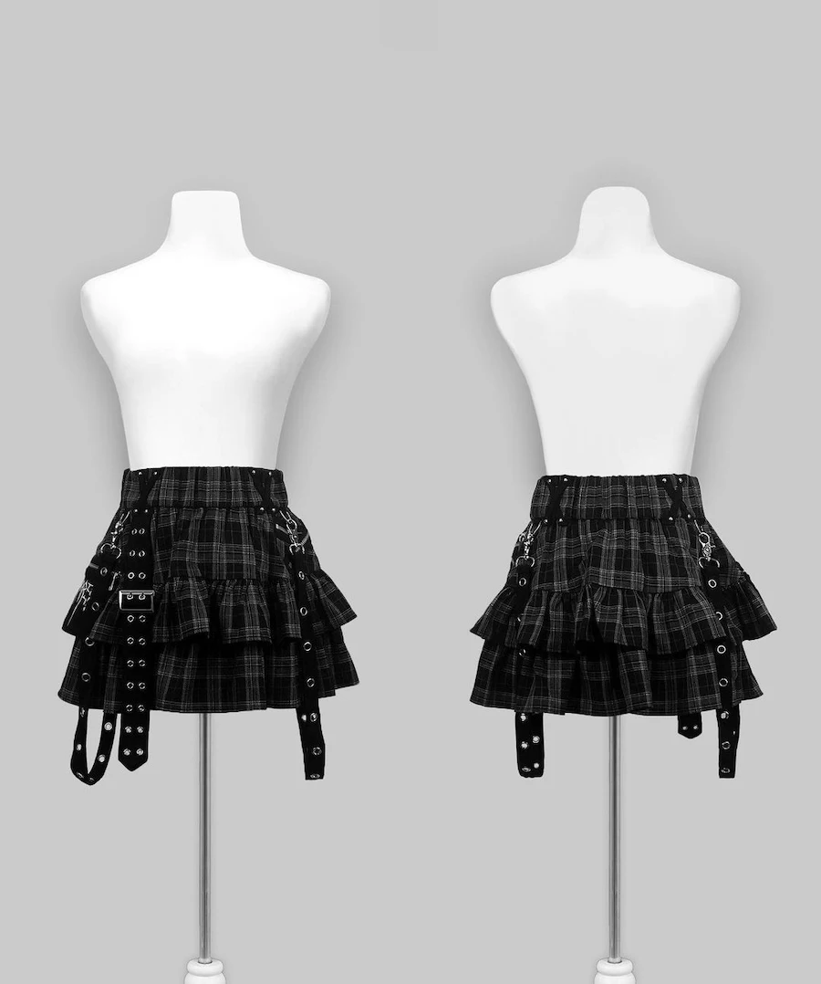 Japanese Mine Harajuku Punk Style Metal Buckle with Packet Decorative Ruffled Short Skirt Sweet Cool Girl Women\'s Plaid Skirt