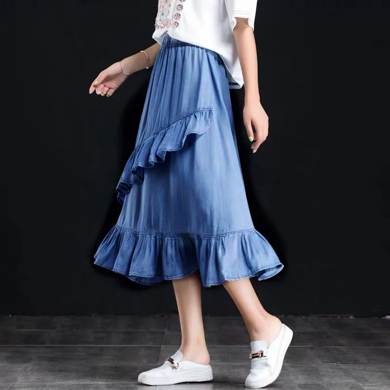 Zwart Blauw plus size dames hoge taille denim rok met ruches lente zomer asymmetrische elegante lange rok katoenen rokken