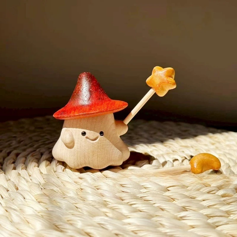 Wooden Carving Magic Elf Figurines Handle Kawaii Cartoon Elf Desktop Ornament Home Decoration Birthday Gift for Friend