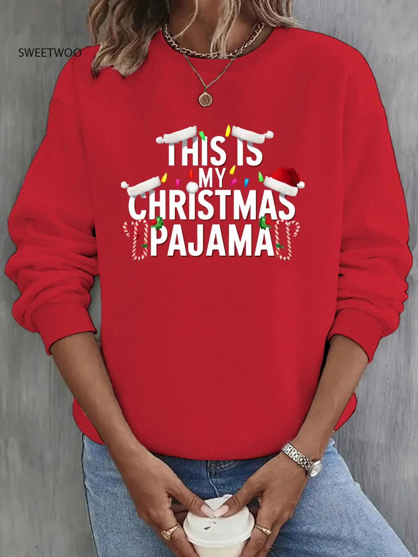 

Women's Christmas Pajama Graphic Print Crew Neck Sweatshirt, Casual Knit Polyester Pullover, Geometric Pattern, for Fall/winter