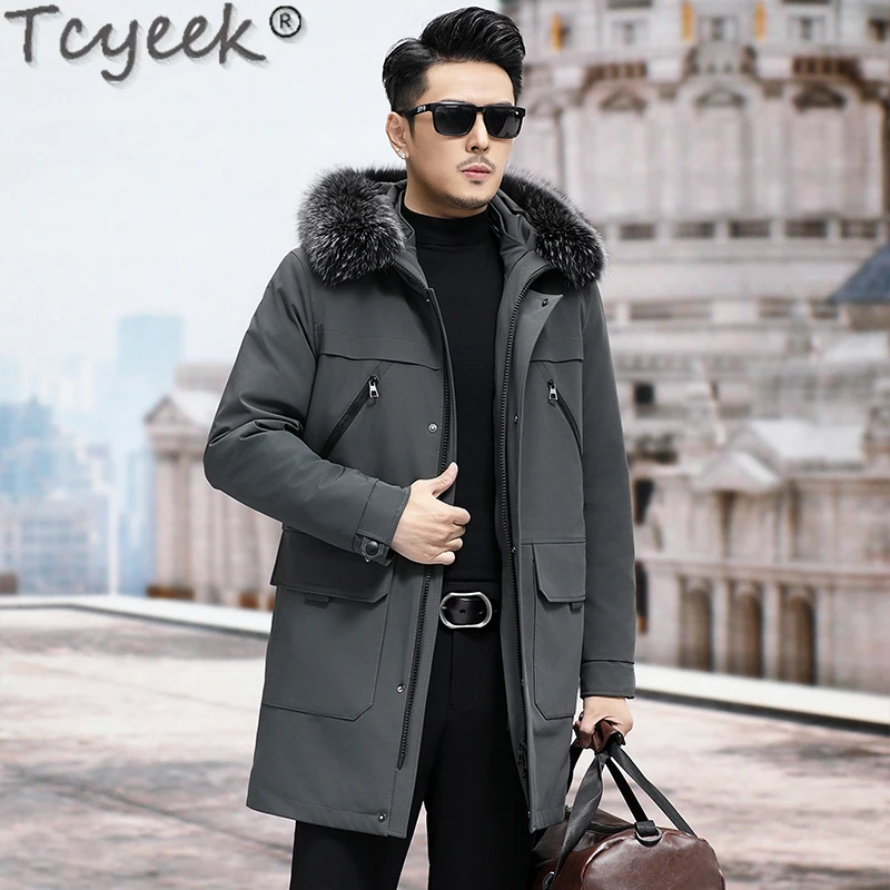 Tcyeek Mid-length Mink Fur Jackets for Men Fashion Men's Parka Real Fur Coat Men Clothes Winter Jacket Warm Real Fox Fur Collar