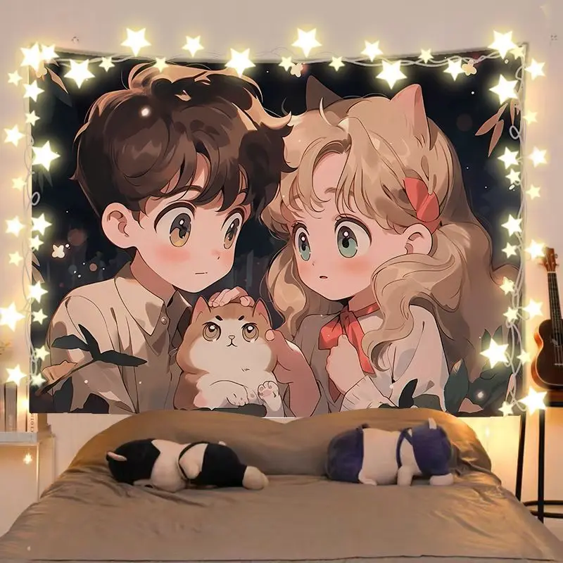 VIKAMA Night Cat Girl Couple Tapestry, Cute Anime Aesthetic Wall Hanging for Bedroom Living Room Dorm Decor