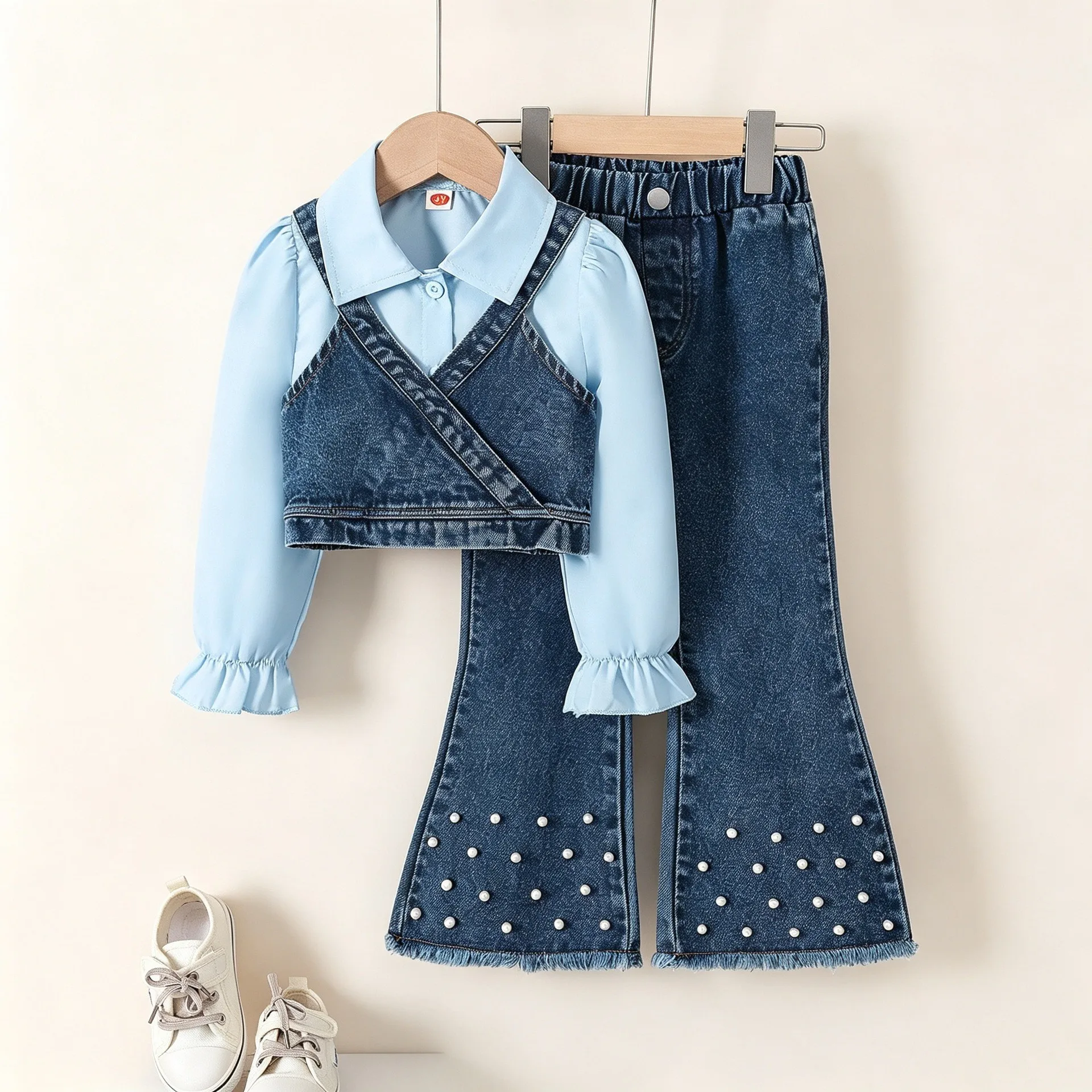 2026 New Fall Girls Creative New Lapel Shirt Denim Vest Beaded Beautiful Denim Flare Pants Soft Cute American Style