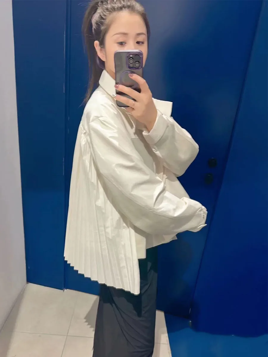 Spring and summer new women\'s back pleated stand collar shirt splicing long sleeve cardigan coat