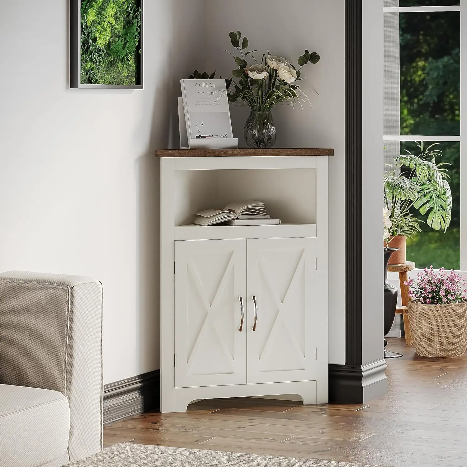 

Farmhouse Corner Cabinet, Small Corner Storage Cabinet with Barn Door Design and Adjustable Shelf, Home Space Saver for