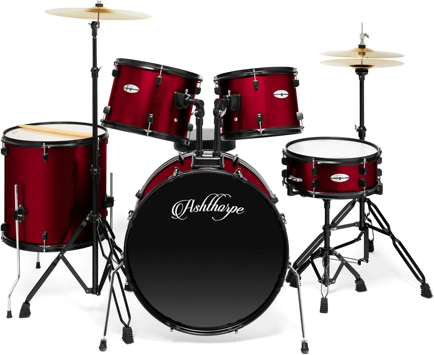 5-Piece Complete Full Size Adult Drum Set with Remo Batter Heads - Red