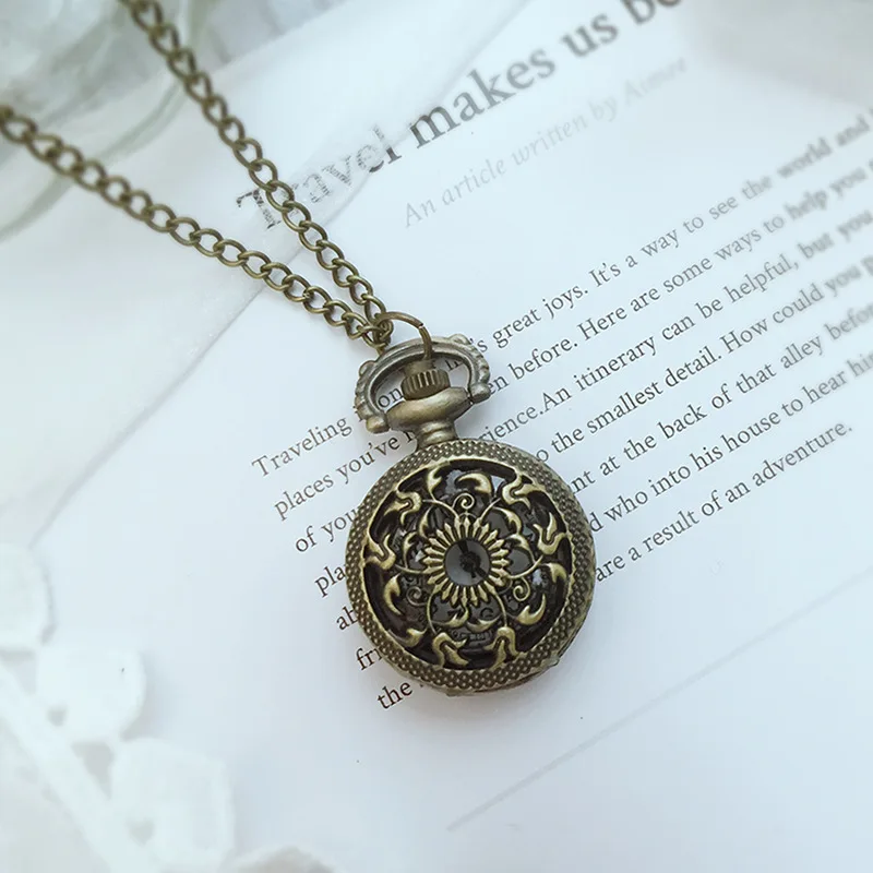 Small Cute Bronze Quartz Pocket Watch for Men Women Laser Engraved Carving Case Fob Chain Pendant Necklace Clock Collection Gift