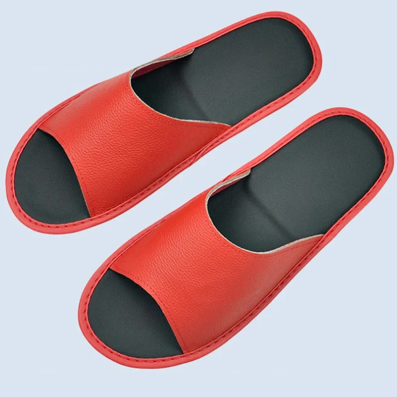 Genuine Cow Leather Slippers Homes in Indoor Slipper Summer Open Toe Sandals Men Women Elderly Casual Single Slides Shoes