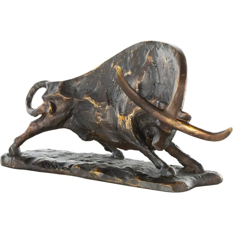 

Polystone Bull Decorative Sculpture Distressed Textured Home Decor Statue with Gold Accents, Accent Figurine 14" x 6" x