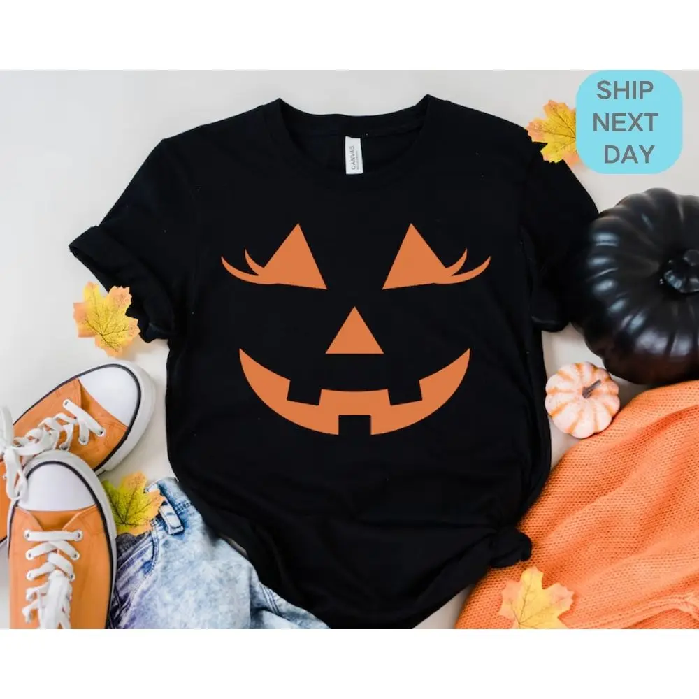 Unisex Halloween Face Shirt Jack-O-Lantern T Shirt Women's Halloween Shirt Cute Pumpkin Face Shirt Halloween Party Pumpkin Shirt