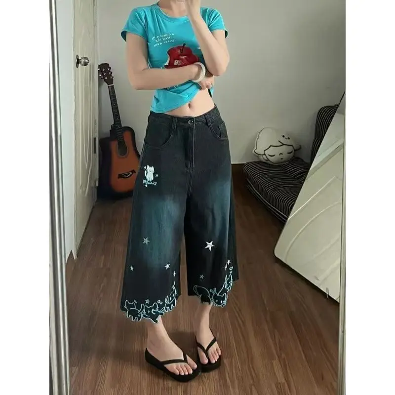 Retro American Black Star Cat Embroidered Splicing Jeans For Women Wide Leg Cropped Pants High Waist Denim Casual Streatwear