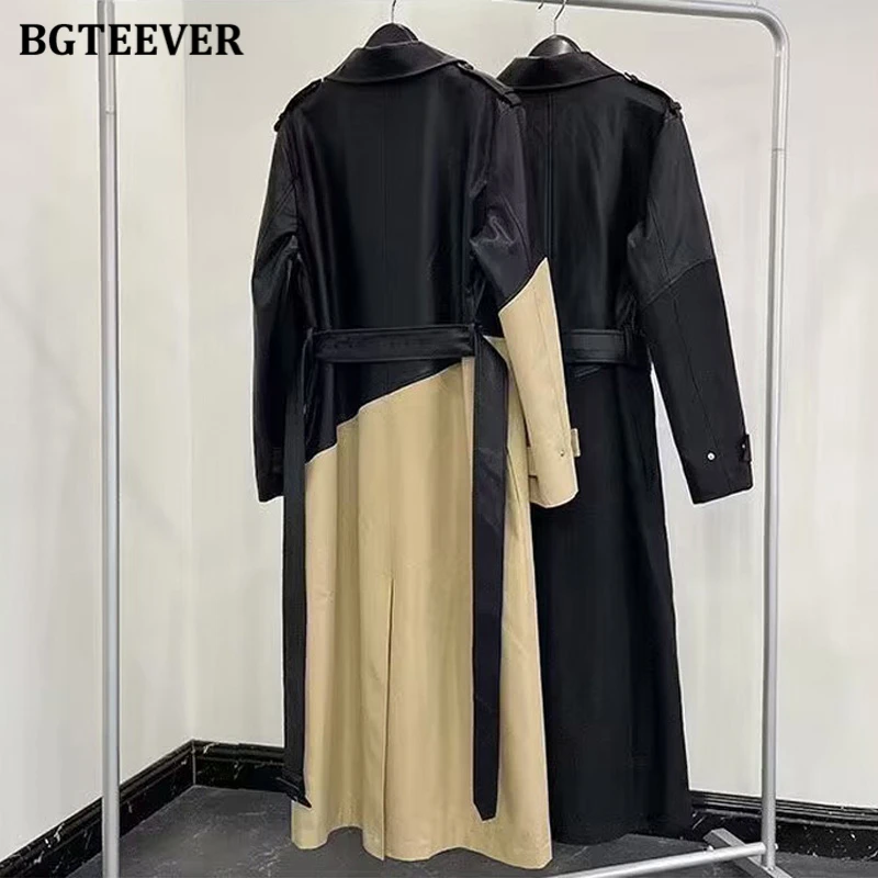 BGTEEVER Stylish Patchwork Women PU Leather Windbreaker Winter Long Sleeve Loose Lace-up Long Trench Coats for Women - view 6