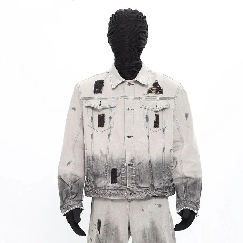 HKSH Spring Autumn Winter New Men's Niche Washed Vintage Gradient Denim Coats Tide Loose Chic Ins Y2K Retro Jacket Jeans HK10646