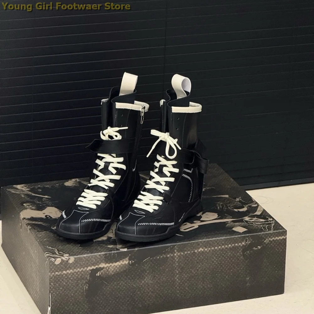 

Lace Up Leather Ankle Booties Round Toe Flat With Pacthwork Runway 2026 Winter Women Dress Shoes Black Brown Zipper Retro Shoes