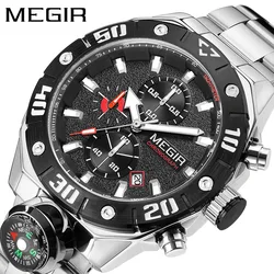 MEGIR 2219 Men Quartz Watch Fashion Multifunctional Chronograph Date Compass Analog Display Stainless Steel Strap Wrist Watches