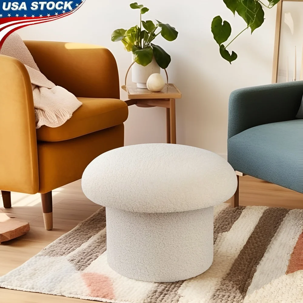 

Mushroom Shaped Upholstered Storage Ottoman Collapsible Indoor Seating Cream Polyester Foam Ideal Clutter Storage Home Decor