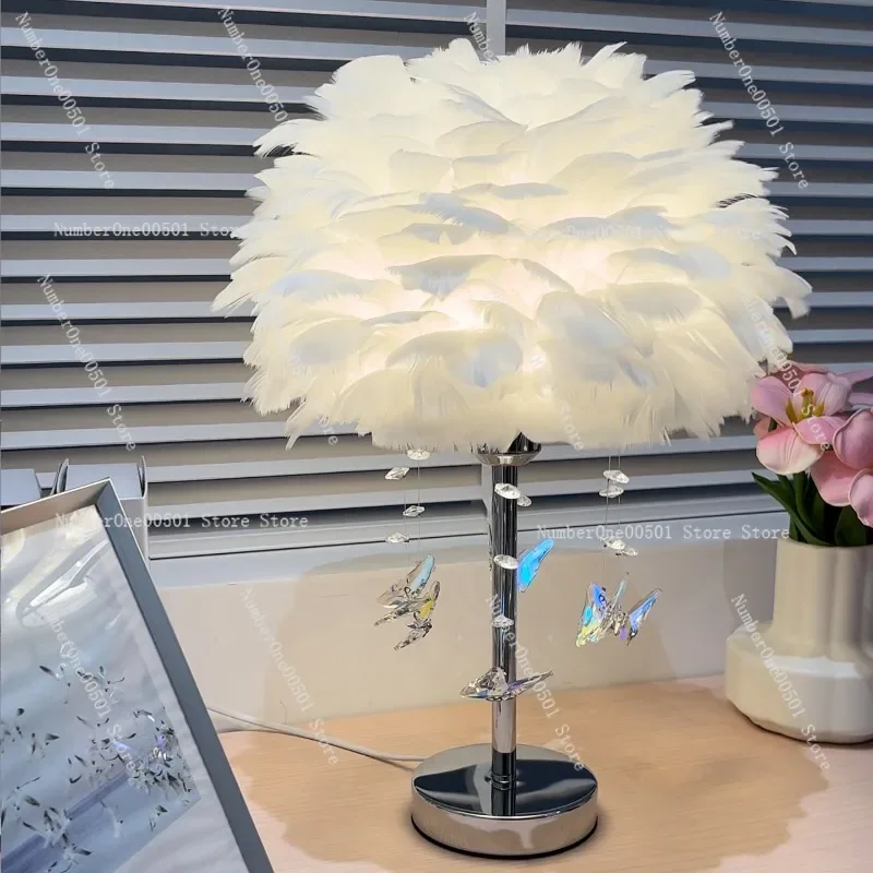 

Butterfly crystal feather table lamp bedroom headboard cream style decorative ambient light romantic luxury wedding gift