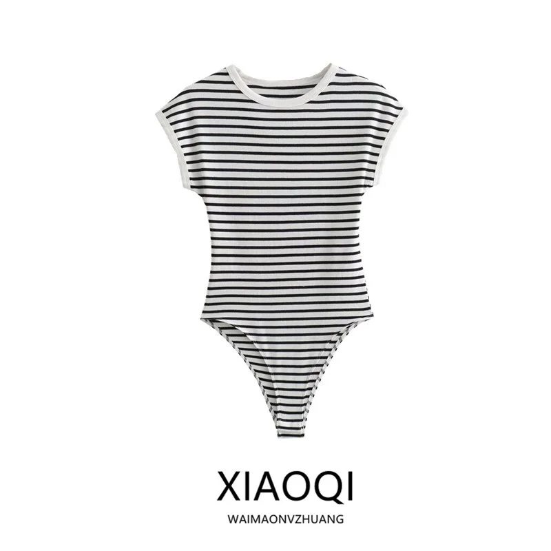 Summer 2024 Women's Slim Fit round Neck Sleeveless Striped Ribbed Onesie High Waist Short Cotton Blend Fashion Versatile Clot...