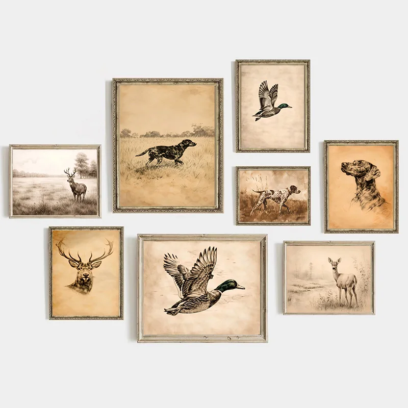 Retro Countryside Hunting Poster Hunting Dog Duck Deer Wall Art Canvas Print Decorative Painting Bedroom Living Room Home Decor