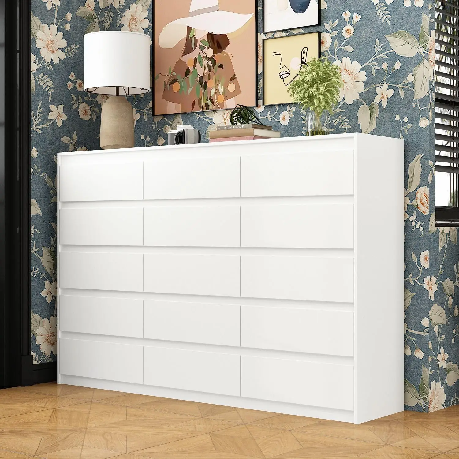 70.9” Dresser Chest, Modern Dresser 15 Drawer Chest for Living Room Bedroom, No Handle Design, White 15.7”D x 70.9”W x 47.2”H