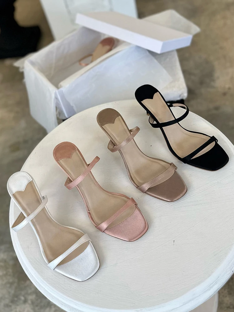 

Summer new slim heeled satin one line sandals for women with square toe high heels and exposed toes, versatile pink slippers