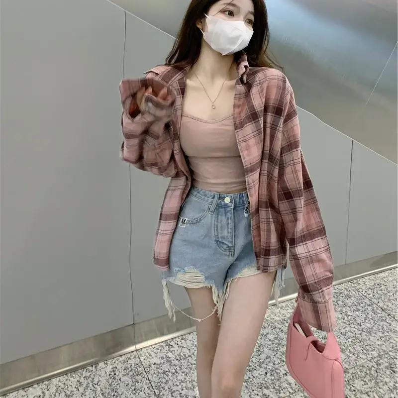 

plus Size 300 Pou Korean Sle Vintage Plaid irt Women's Loose Mid-Length Versatile Outerwear Autumn Season Long Sve