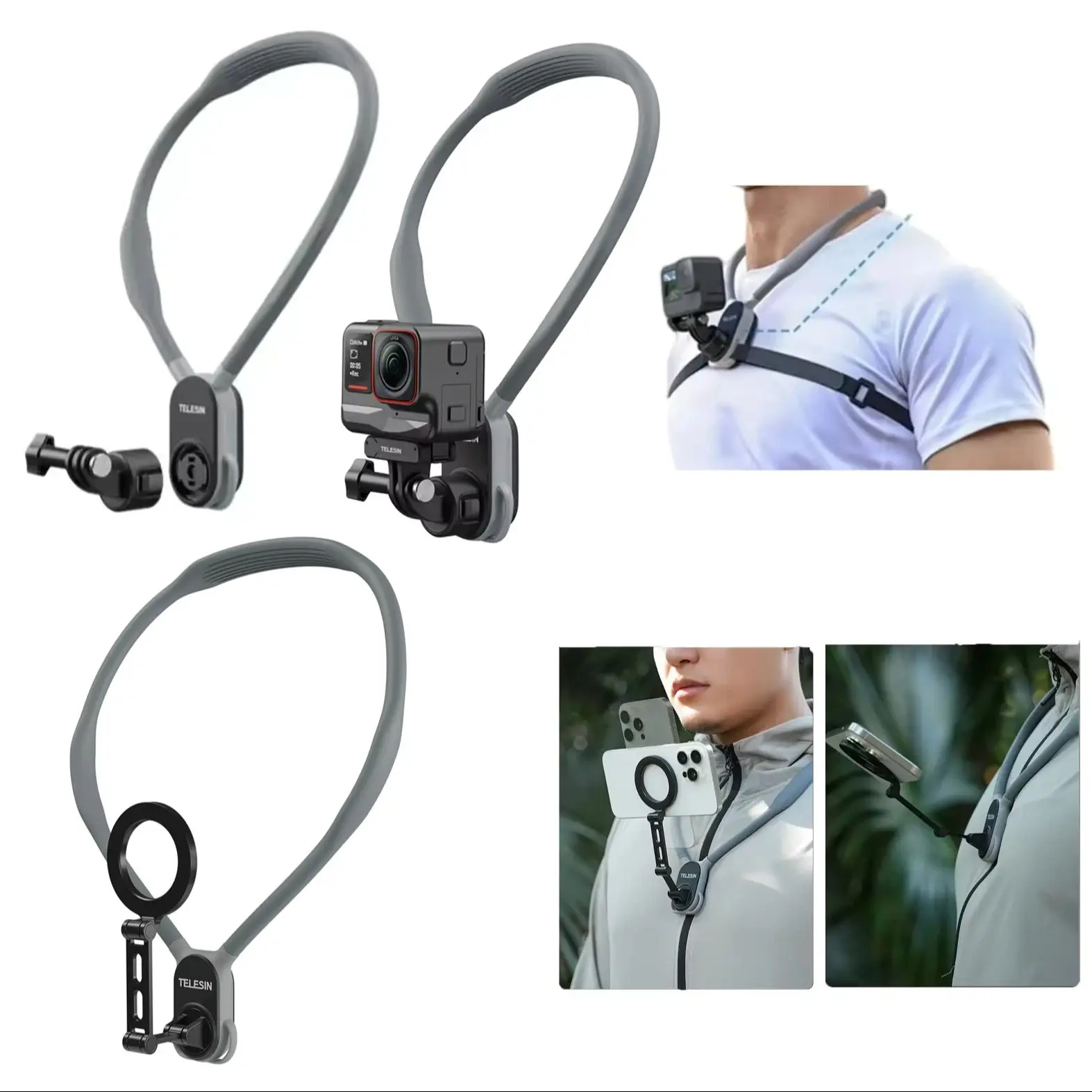 

TELESIN Magnetic Phone Holder Quick Release Neck Mount for Go Pro Hero 13 12 11 10 9, Insta360 X5, DJI Osmo 360 Action Cameras
