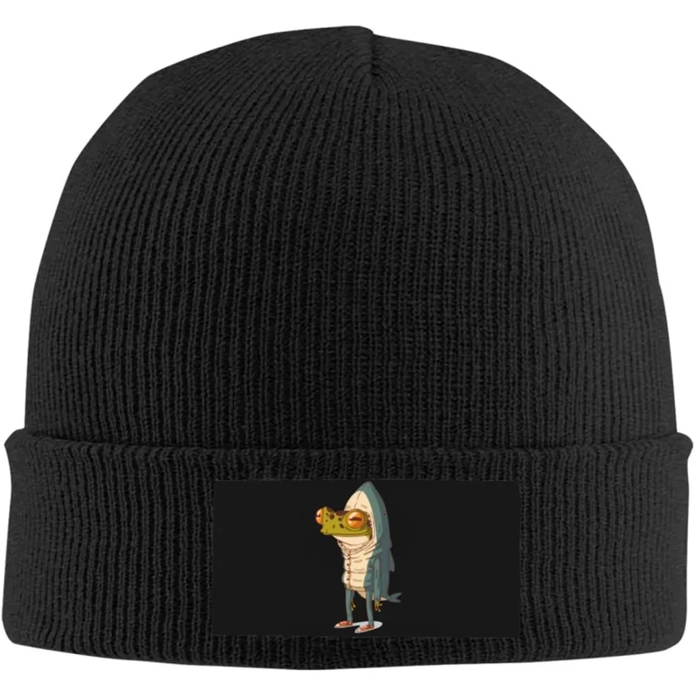 Black Knitted Beanie with Funny Frog in Shark Costume Patch Winter Warm Hat for Men Women Humorous Animal Print Skull Cap