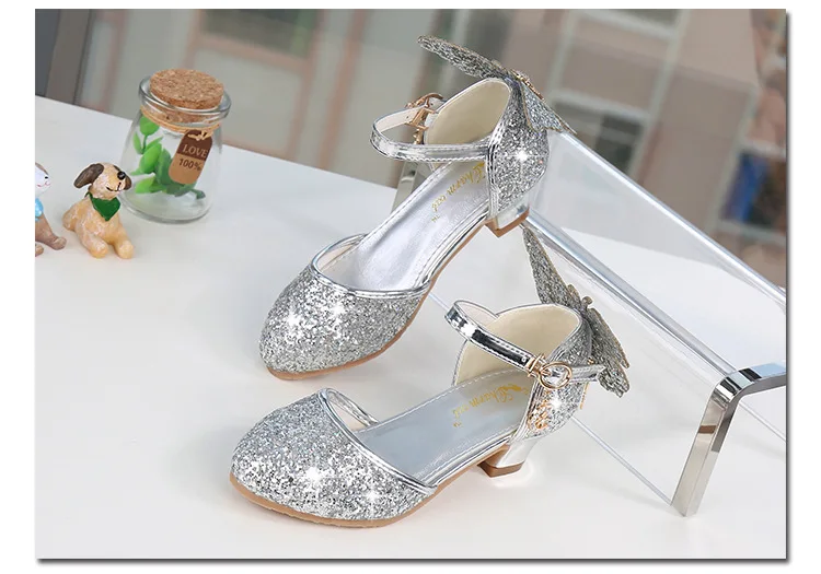 Princess Kids Leather Shoes Girls Glitter Crystal Tassel Butterfly Knot Dress Party Children High Heel Student Performance Shoes