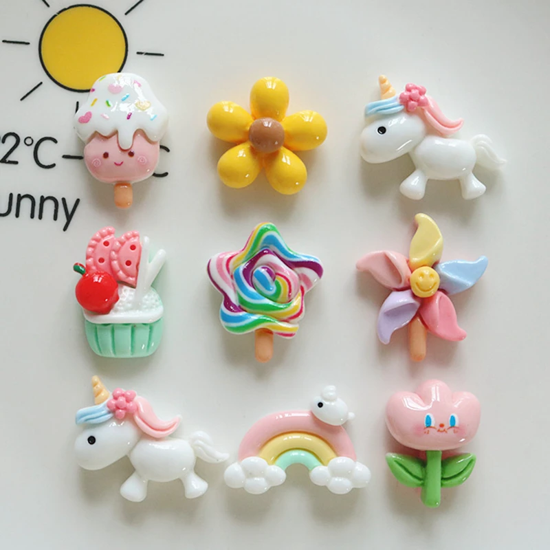 10 Pcs New Mini Cute Cartoon Unicorn, Rainbow, Ice Cream Resin Scrapbook Diy Jewellery Hairpin Decorate Accessories Craft