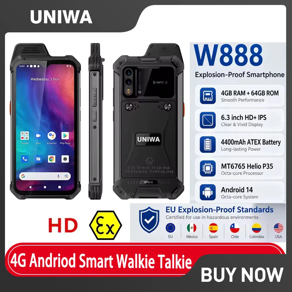 UNIWA W888 MT6765 Helio P35 Octa Core 4GB+64GB ATEX Explosion IP68 Smartphone Andriod11 6.3“ HD Screen 5000mAh NFC Mobile Phone