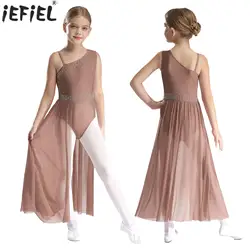 Kids Girls Modern Lyrical Dance Costume Ballet Gymnastics Figure Skating Dancewear Rhinestones Sleeveless Sheer Mesh Leotards