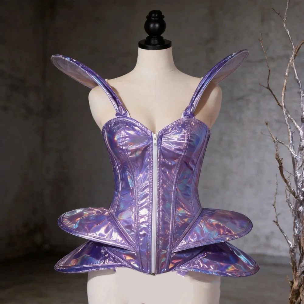 Women Tight Corset Bustier Stage Costume Shiny Pu Leather With Zipper Cyberpunk Corsets Stage Performance Space Club Suit