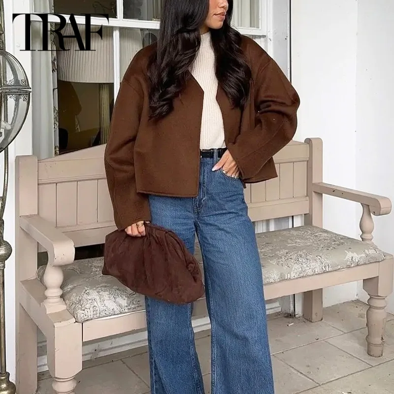 TRAF Cropped Wool&Blends Jackets 2024 Women's Autumn Winter Scarf Short Jacket Outerwears Elegant Casual Brown Long Sleeve Coats