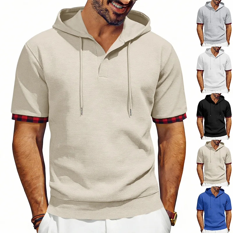 New summer men's short-sleeved sports and leisure t-shirt large size European and American foreign trade hooded contrasting top