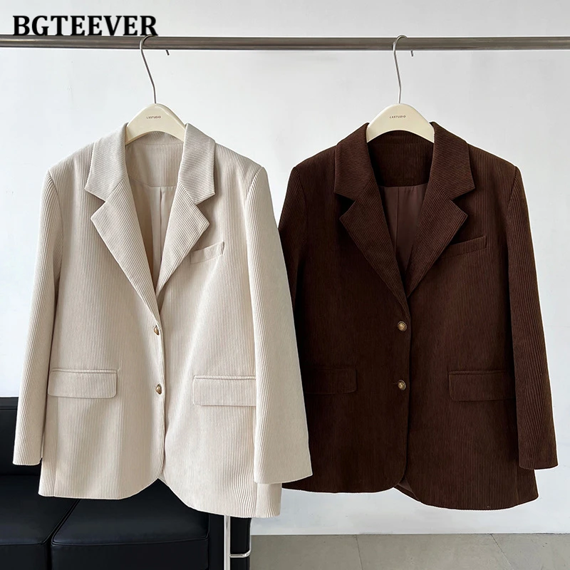 BGTEEVER Vintage Loose Corduroy Blazer Jackets for Women Long Sleeve Single-breasted Female Suit Coats Autumn Winter