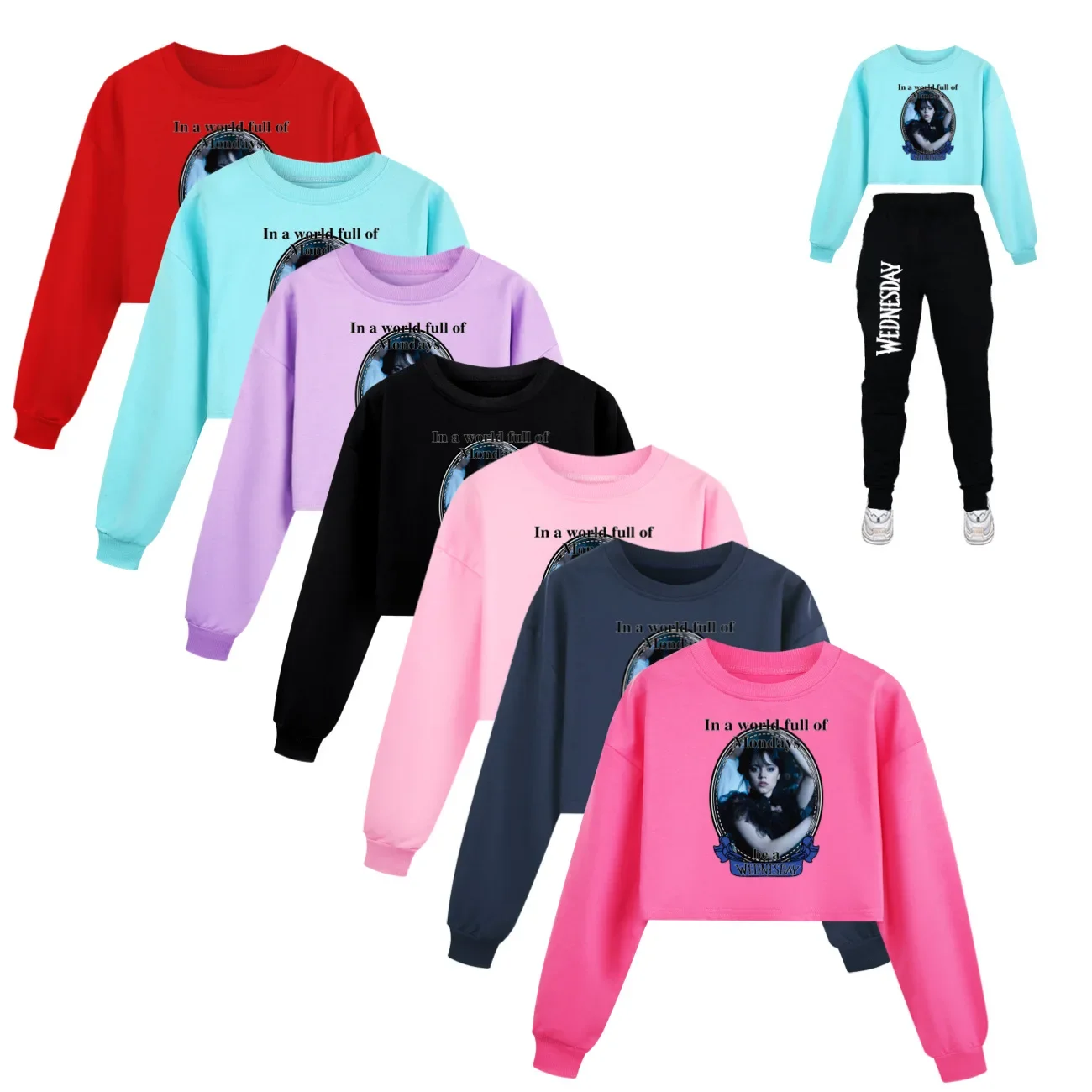 

Children Clothing Spring Fall Hip Hop Hoody Cropped Hoodies Wednesday Addams Girls Hoodie Set Kids Long sleeve Casual Tops 2157