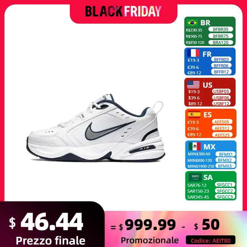 Nike Air Monarch 4 Low Men's and Women's Sneakers Classic Retro Casual clunky shoes Cushioned comfort Sneakers White&Silver