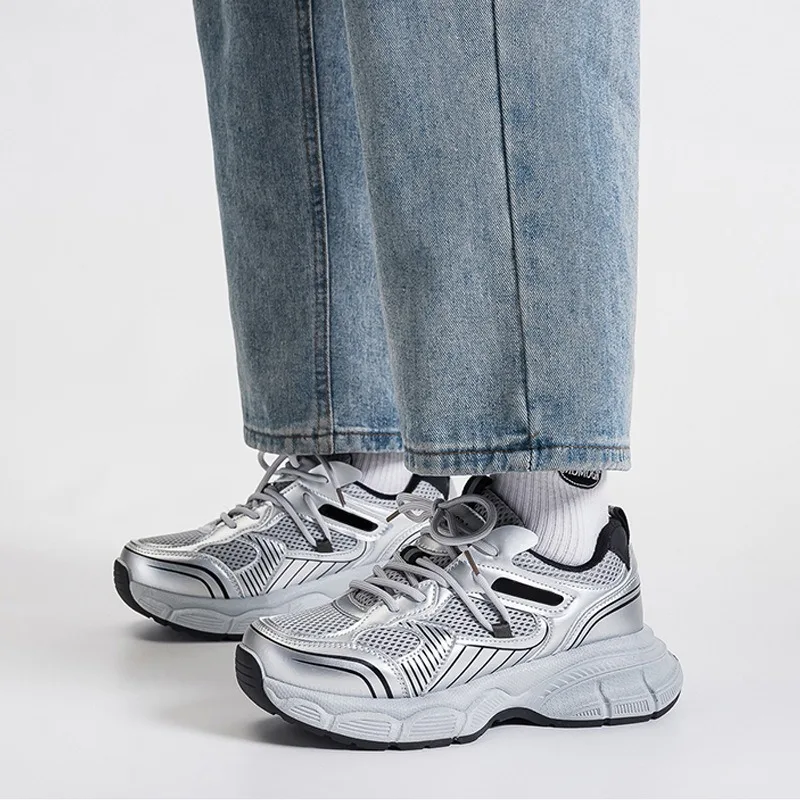 Silver Dad Shoes Unisex Foot Slimming Campus Sports Sneakers Breathable Lightweight Rubber Sole Round Toe Sports Running Shoes image 6